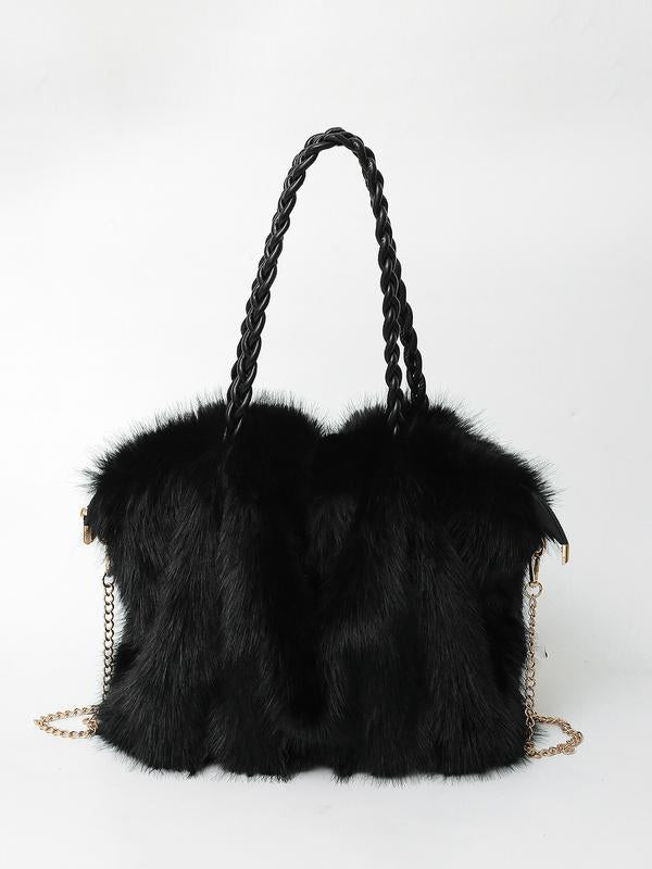 Women's faux fur shoulder bag with braided handles and chain strap