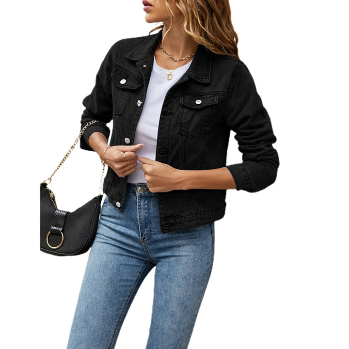Women's denim jacket with pointed collar, long sleeves, chest pockets and button front