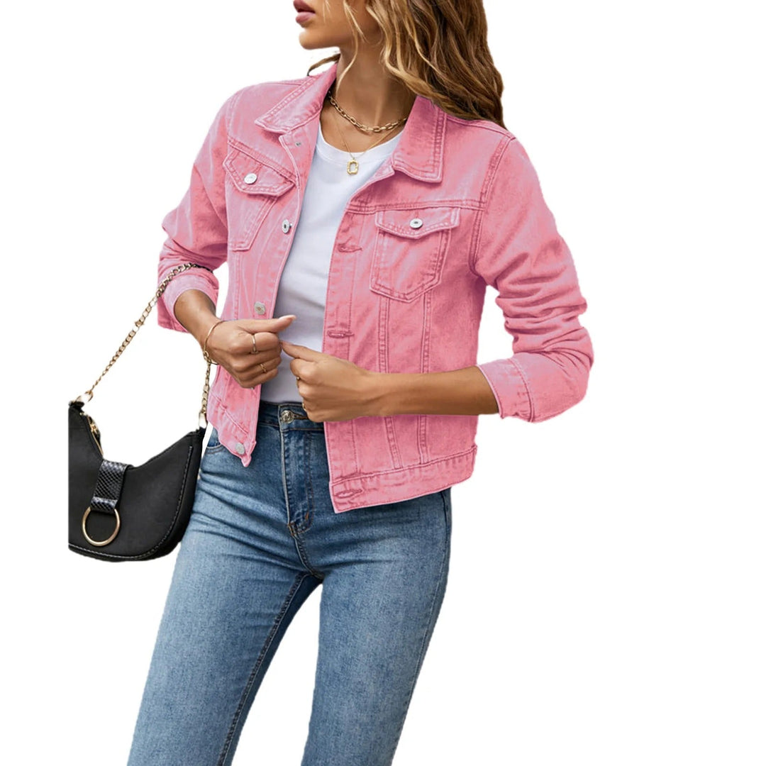 Women's denim jacket with pointed collar, long sleeves, chest pockets and button front