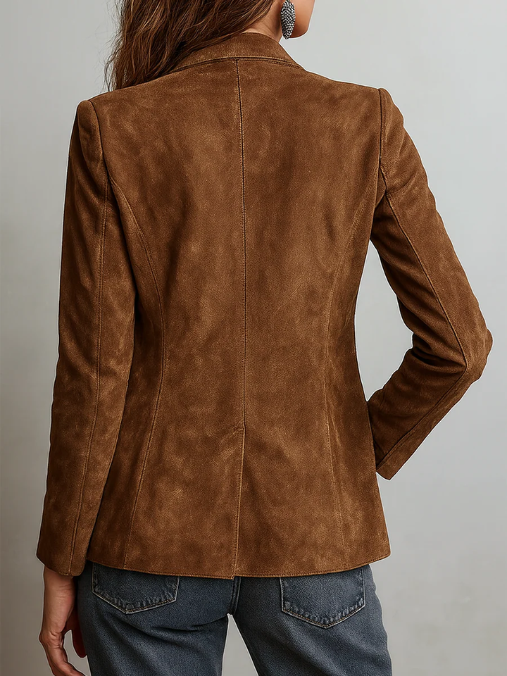 Women's brown button-front blazer with long sleeves and patch pockets