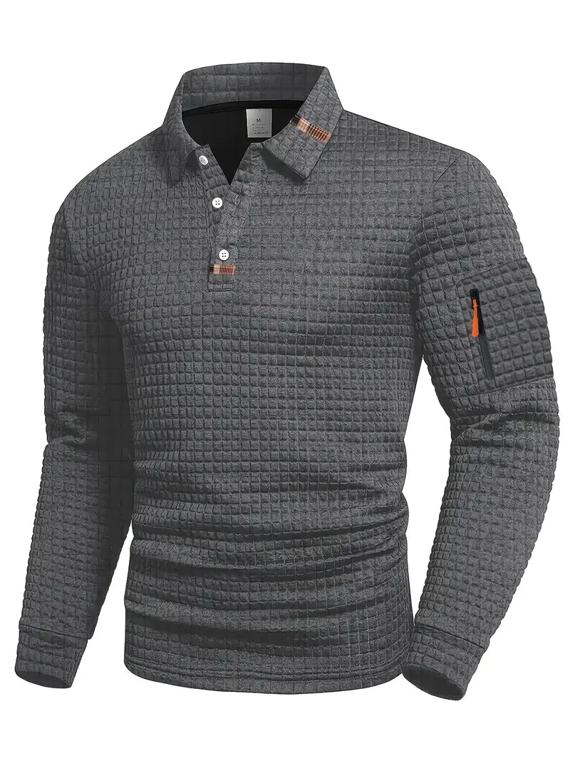 Men's long-sleeve quilted polo jumper with button placket and sleeve zip pocket