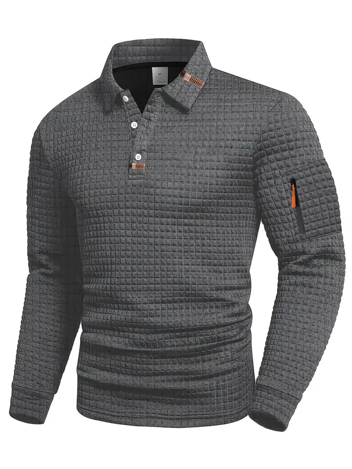 Men's long-sleeve quilted polo jumper with button placket and sleeve zip pocket
