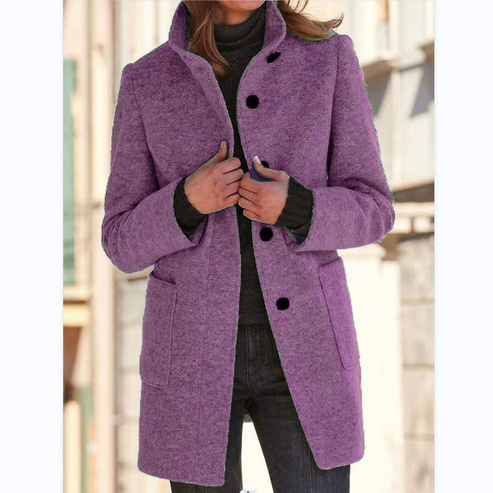 Women's long button-front coat with stand collar and patch pockets