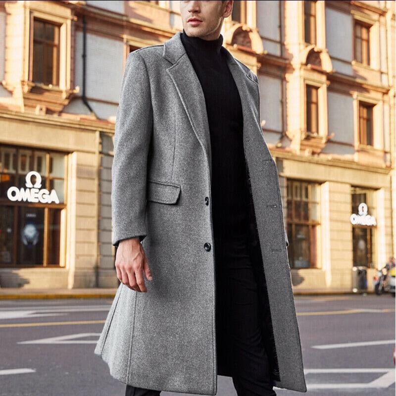 Men's long tailored coat with notched lapels and flap pockets