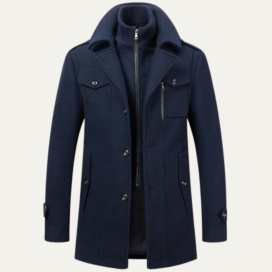 Men's long structured coat with high collar, zip front, buttons and multiple pockets
