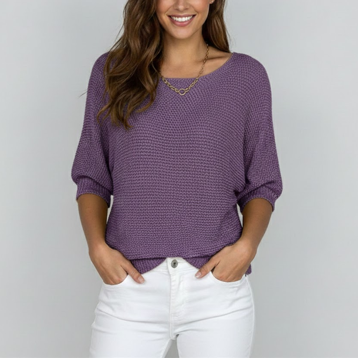 Women's textured knit jumper with wide crew neck and three quarter sleeves