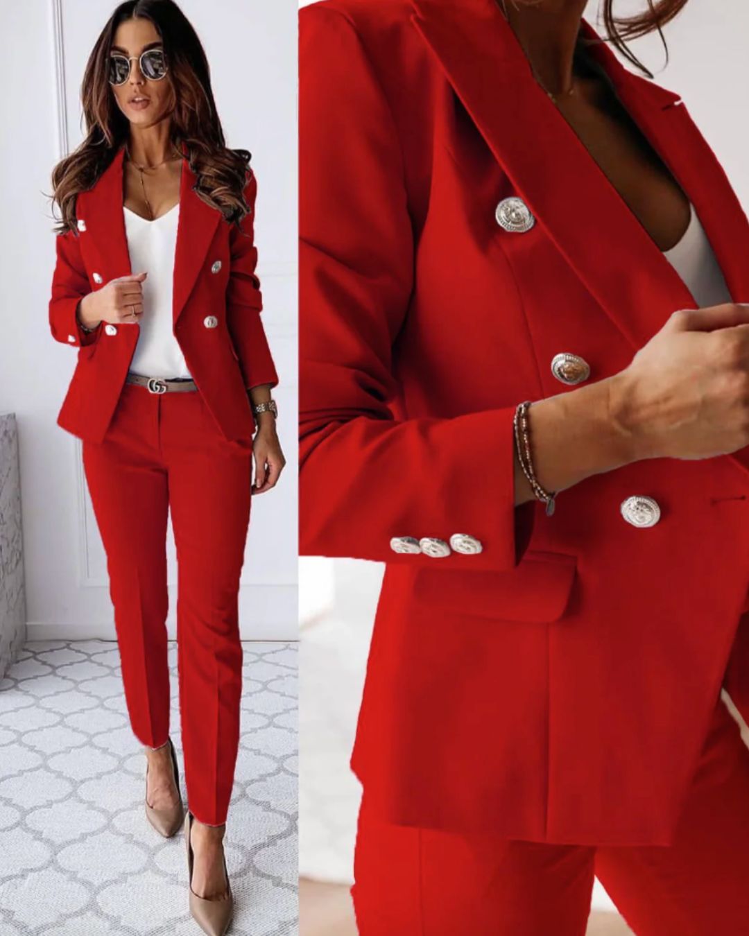 Women's double-breasted trouser suit with blazer and ankle-length trousers