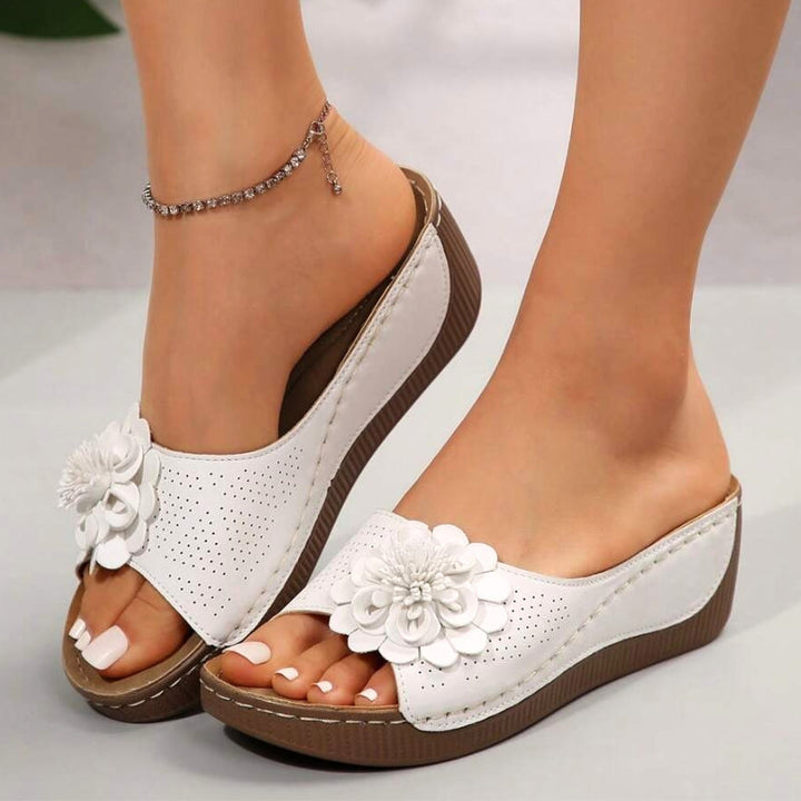 Flora | Women's Flower Wedge Sandals Slip On Open Toe Slides