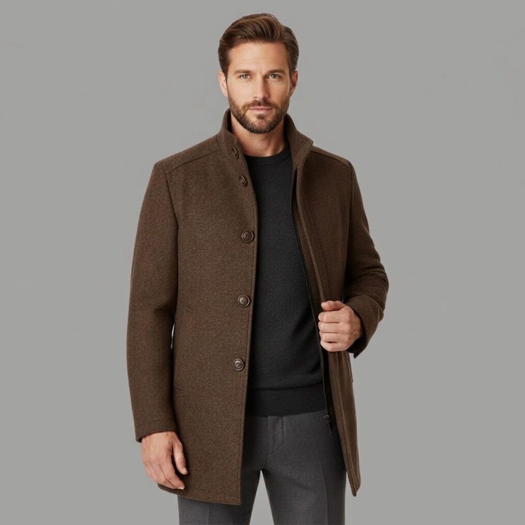 Men's mid-length patterned coat with high collar and button front
