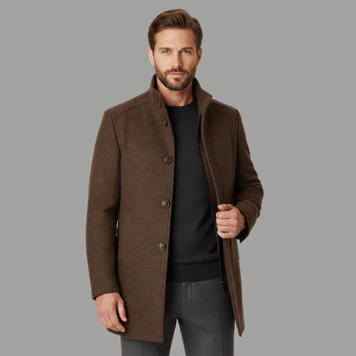 Men's mid-length patterned coat with high collar and button front