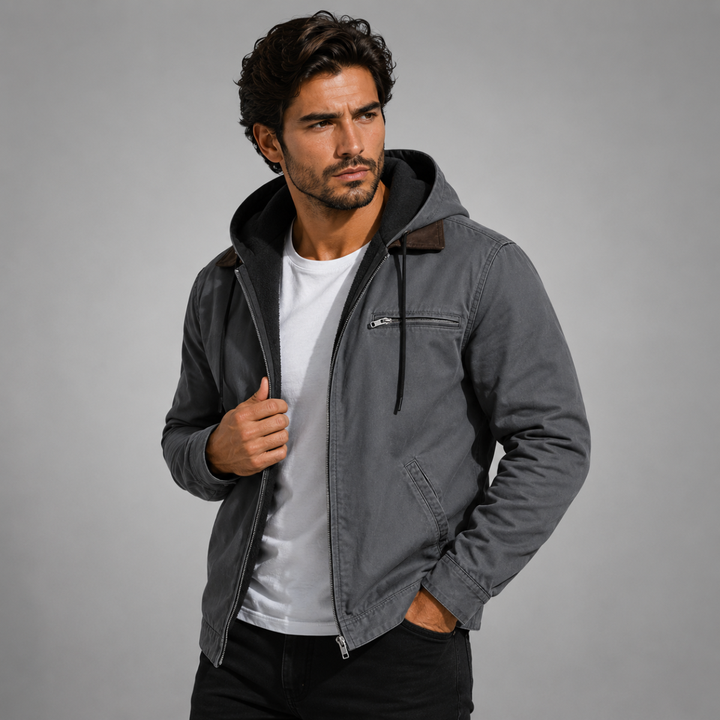 Men's hooded utility jacket with zip fastening, chest pocket and ribbed trims