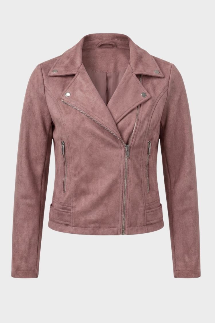 Women's cropped biker jacket with notched lapels, long sleeves and zipped pockets