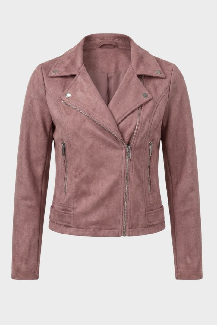 Women's cropped biker jacket with notched lapels, long sleeves and zipped pockets