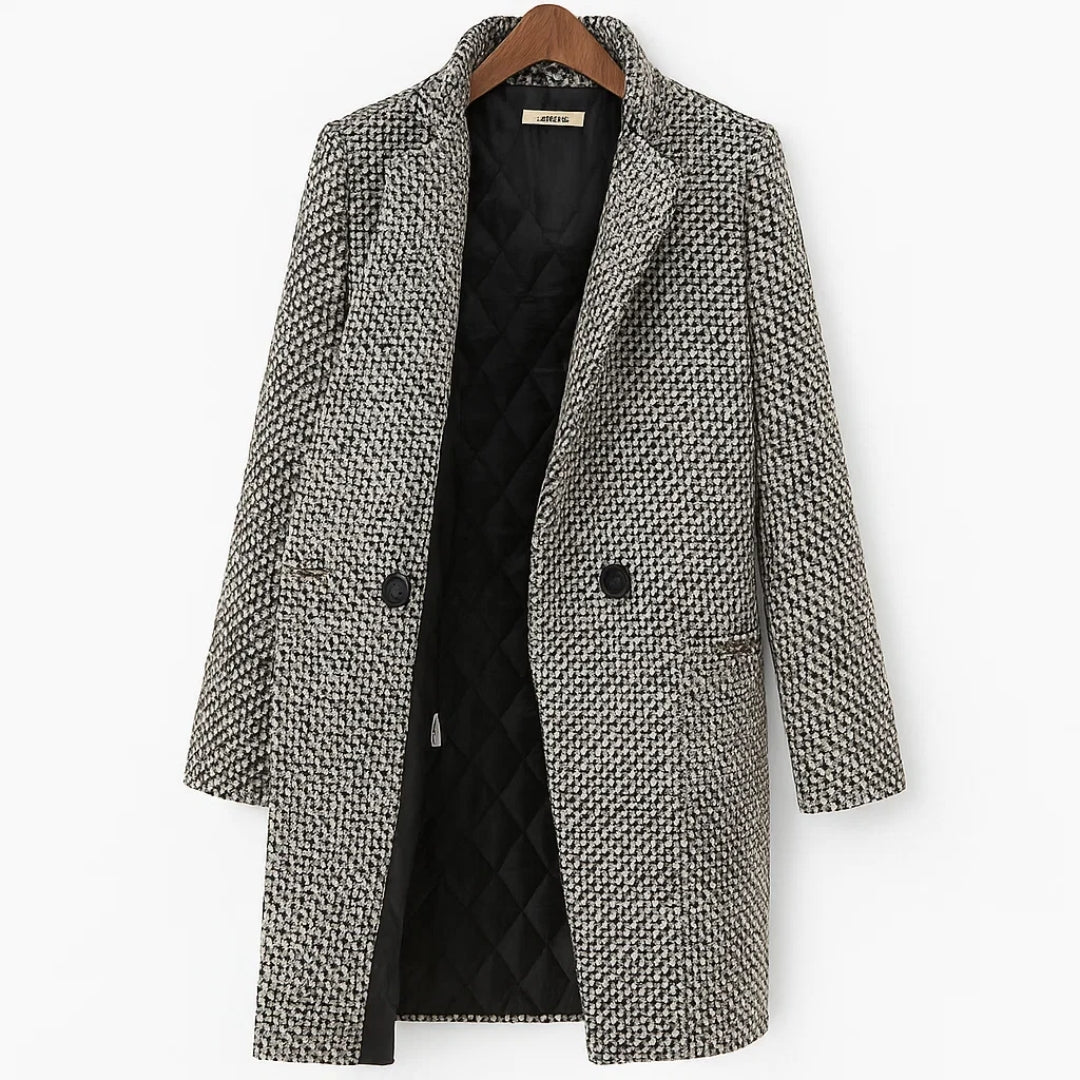 Women's black and white checked long coat with standing collar and button fastening
