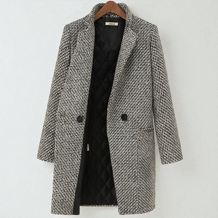 Women's black and white checked long coat with standing collar and button fastening