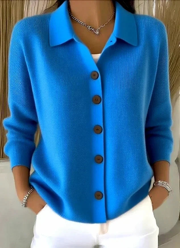 Women's collared knitted cardigan with long sleeves and button front