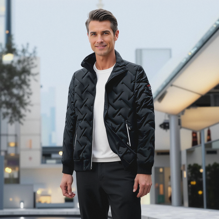Men's quilted jacket with stand collar, geometric pattern and zipped pockets