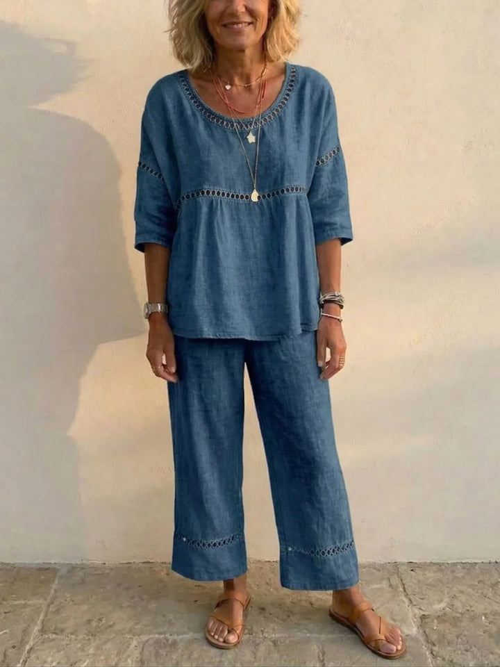 Women's two-piece linen set with lace trim