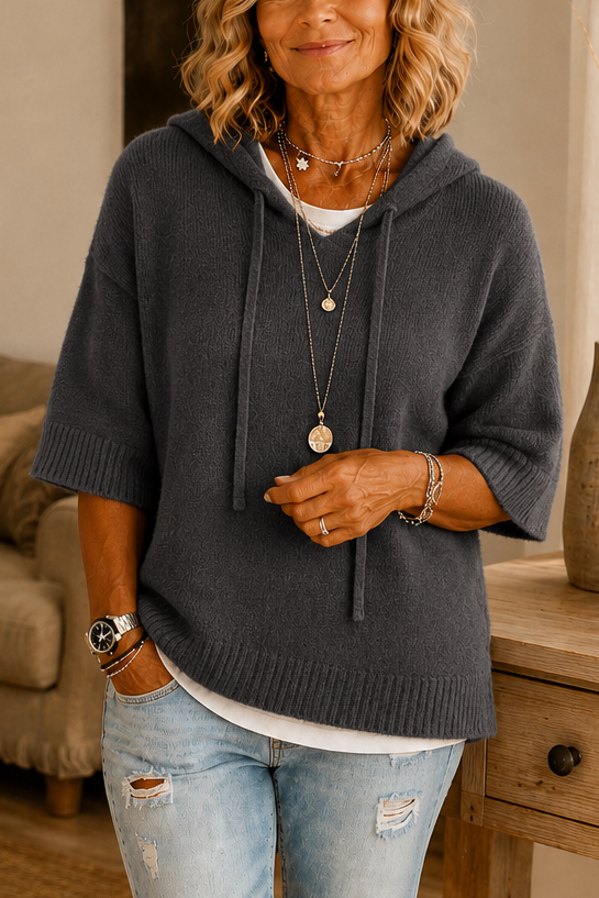 Women's hooded knit hoodie with drawstrings, 3/4 sleeves and ribbed trims