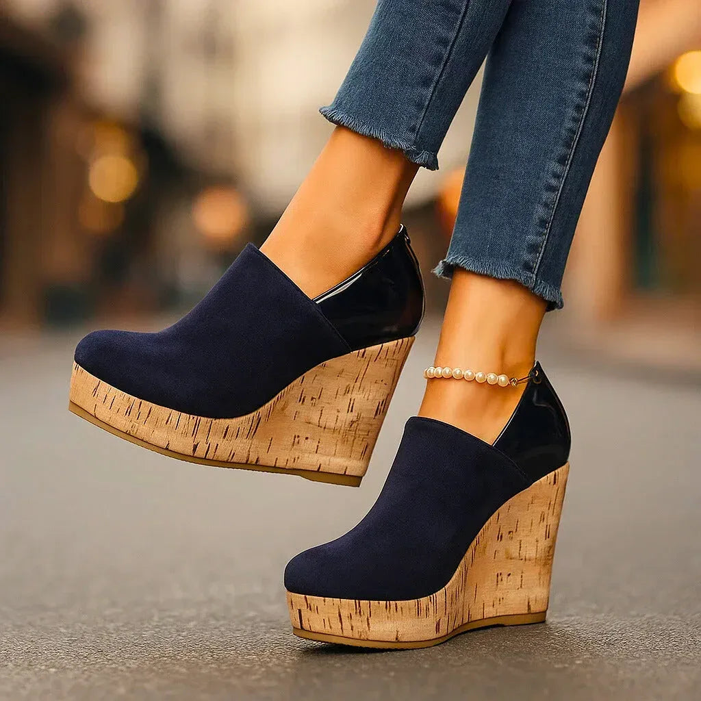 Women's platform wedge ankle booties with textured cork-look soles