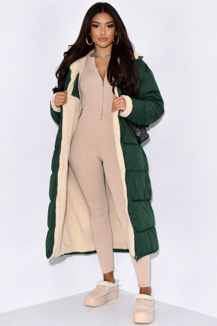 Women's reversible hooded long puffer coat
