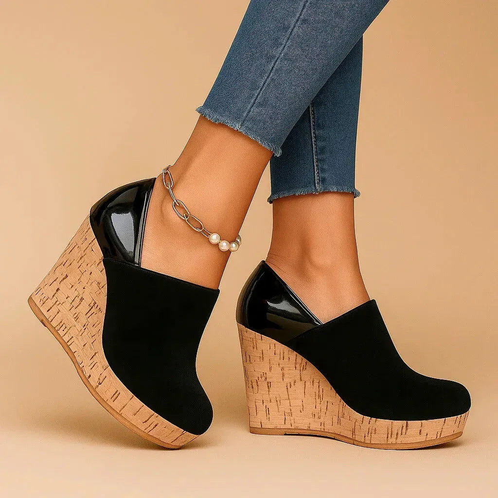 Women's platform wedge ankle booties with textured cork-look soles