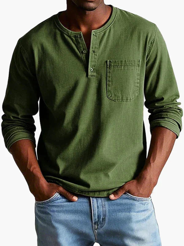 Men's plain grandad shirt with mandarin collar, buttons and chest pocket