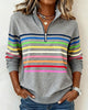 Women's striped half-zip sweatshirt with long sleeves and ribbed trims
