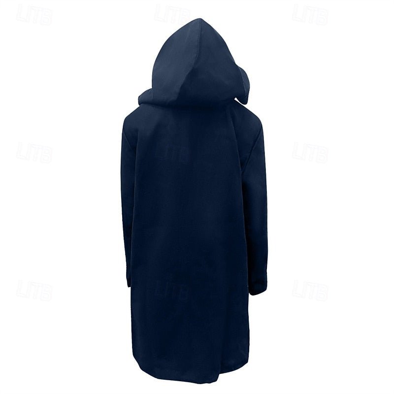 Men's hooded toggle trench coat with broad collar and multiple front pockets