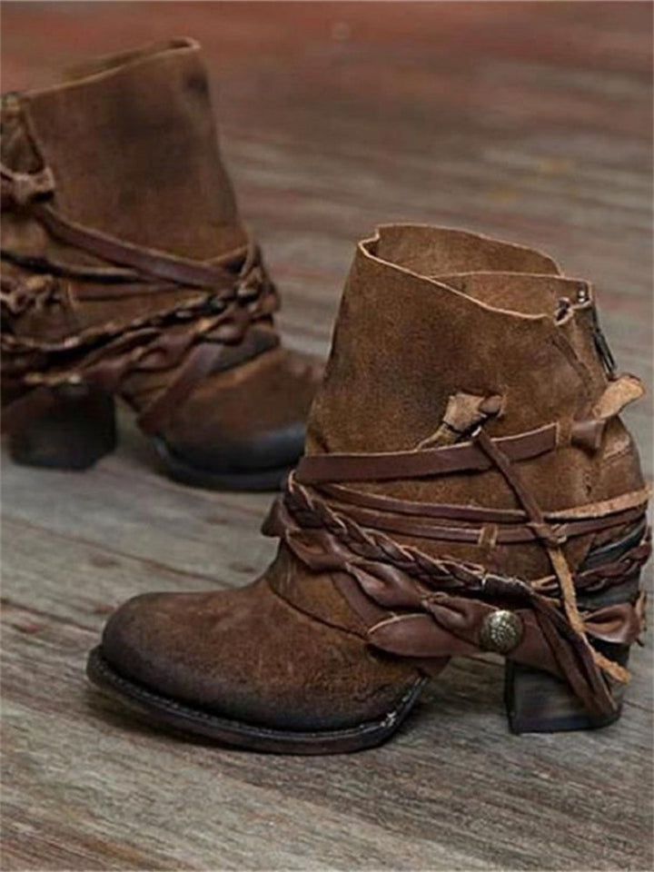 Women's braided lace-up ankle boots with a block heel