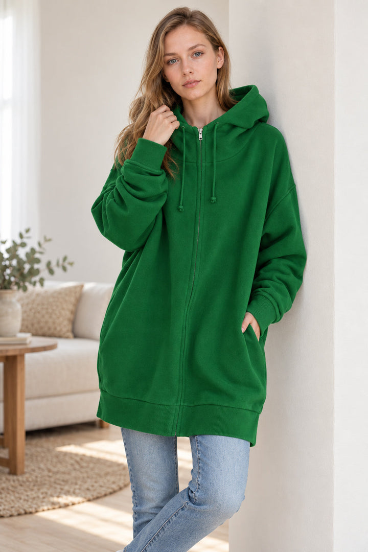 Women's solid hooded zip hoodie with long sleeves and ribbed trims