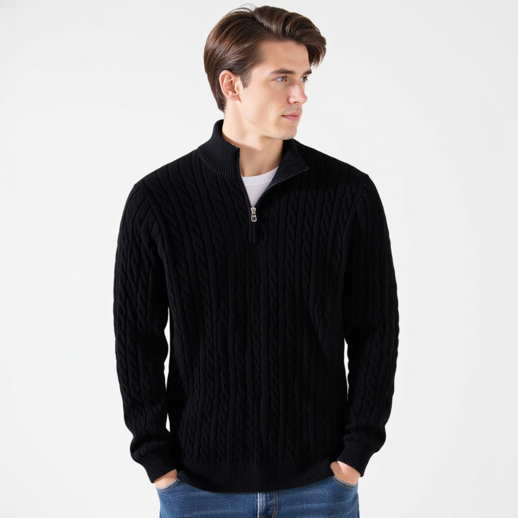 Men's blue cable knit quarter-zip sweater with mock neck and long sleeves