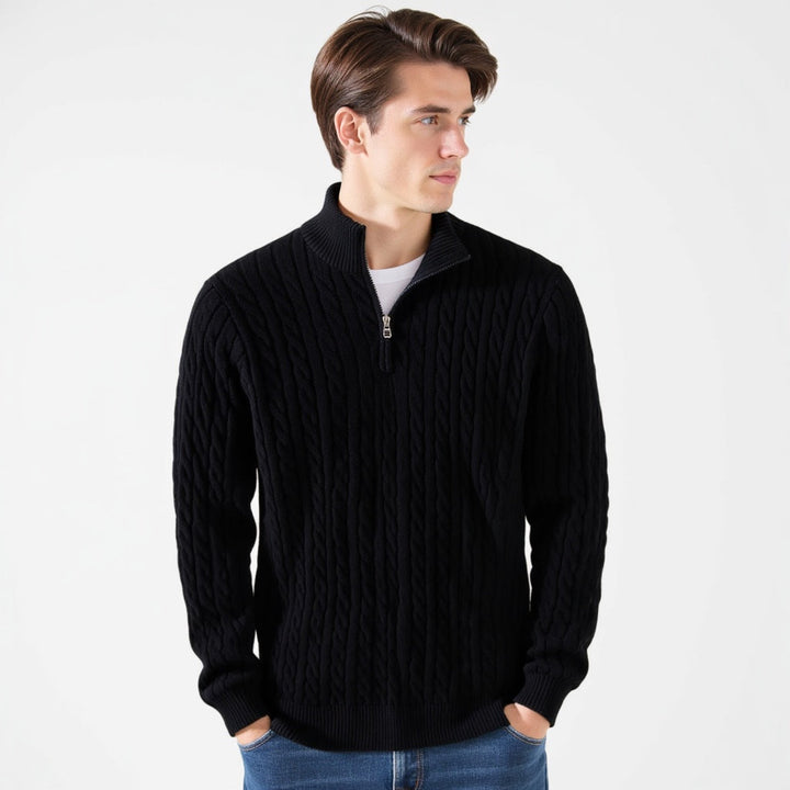 Men's blue cable knit quarter-zip sweater with mock neck and long sleeves