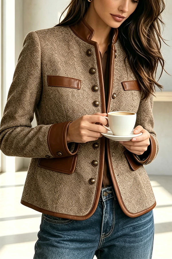 Women's brown textured jacket with stand collar, contrast trims and four flap pockets