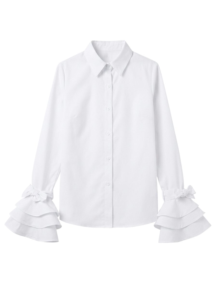 Women's solid blouse with raised collar, long sleeves, bow details and layered ruffle cuffs