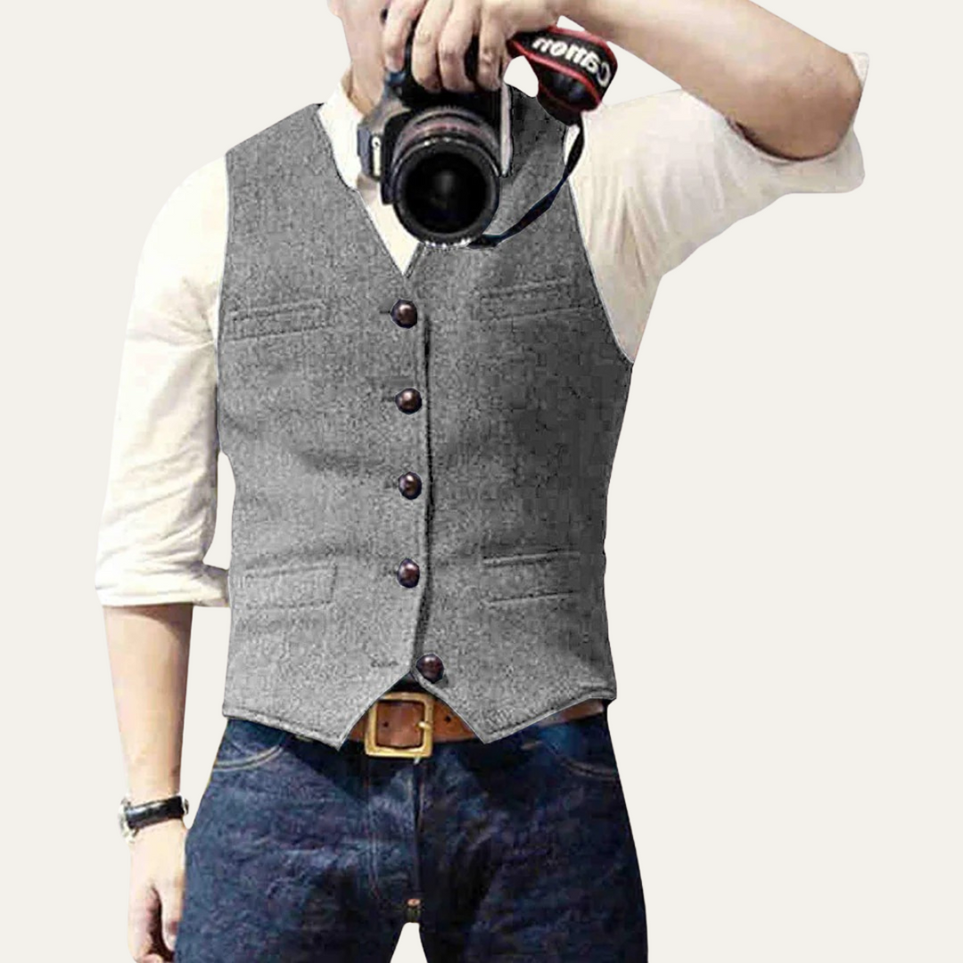 Men's button-up V-neck waistcoat with front pockets