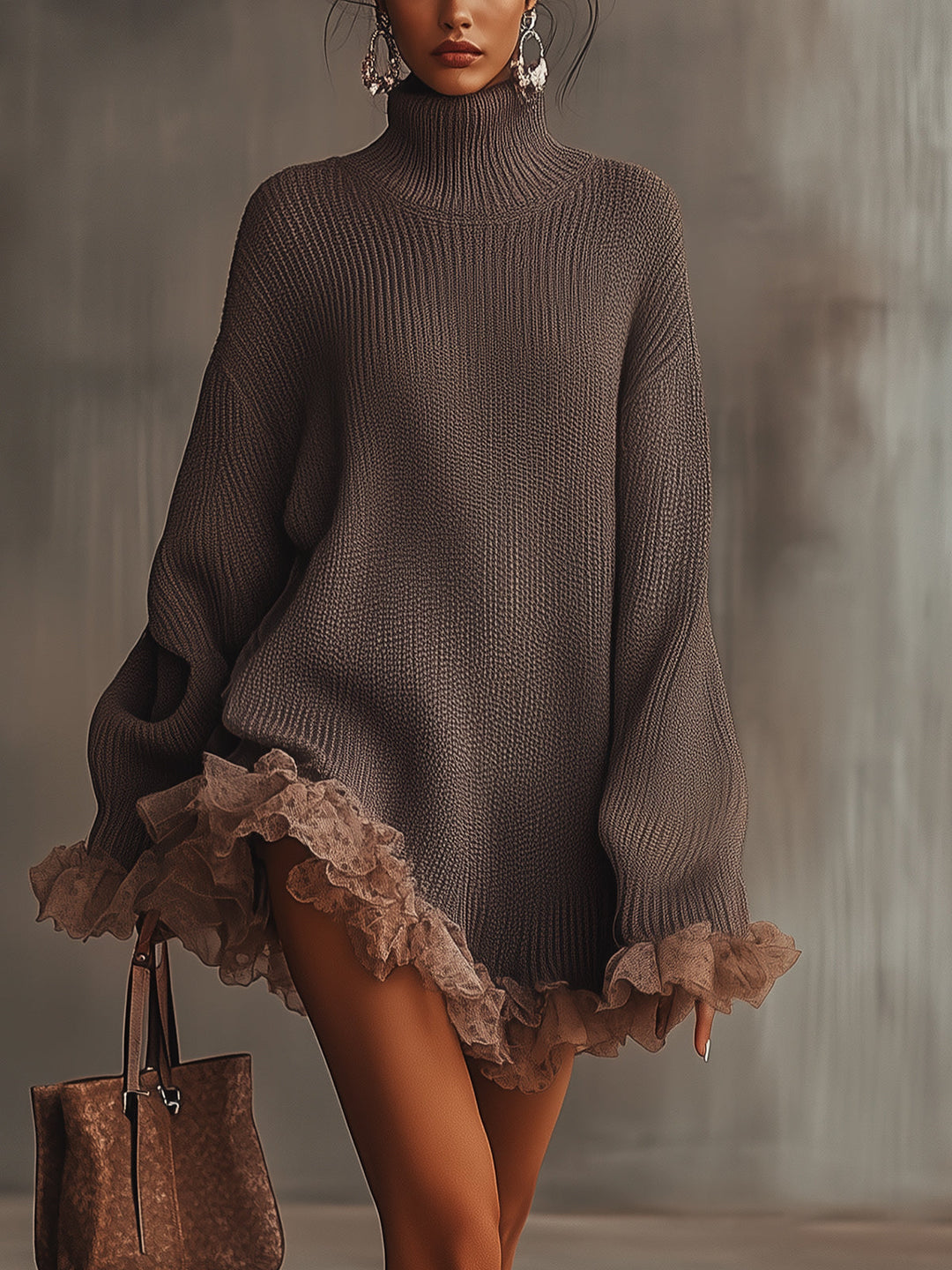 Women's brown knitted turtleneck mini dress with ruffled trim