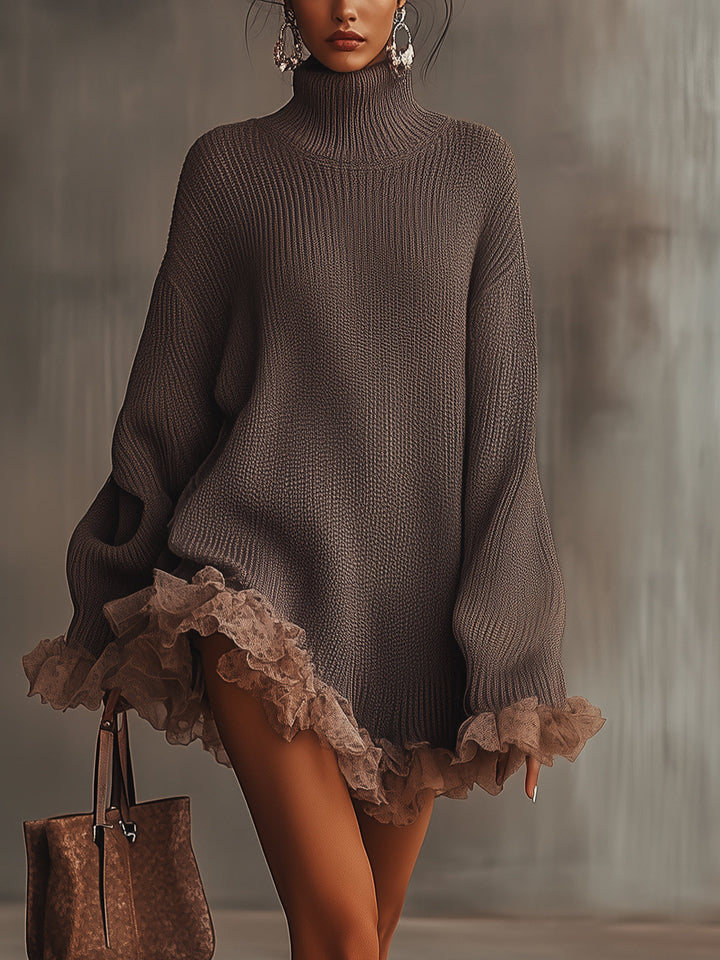 Women's brown knitted turtleneck mini dress with ruffled trim