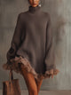 Women's brown knitted turtleneck mini dress with ruffled trim