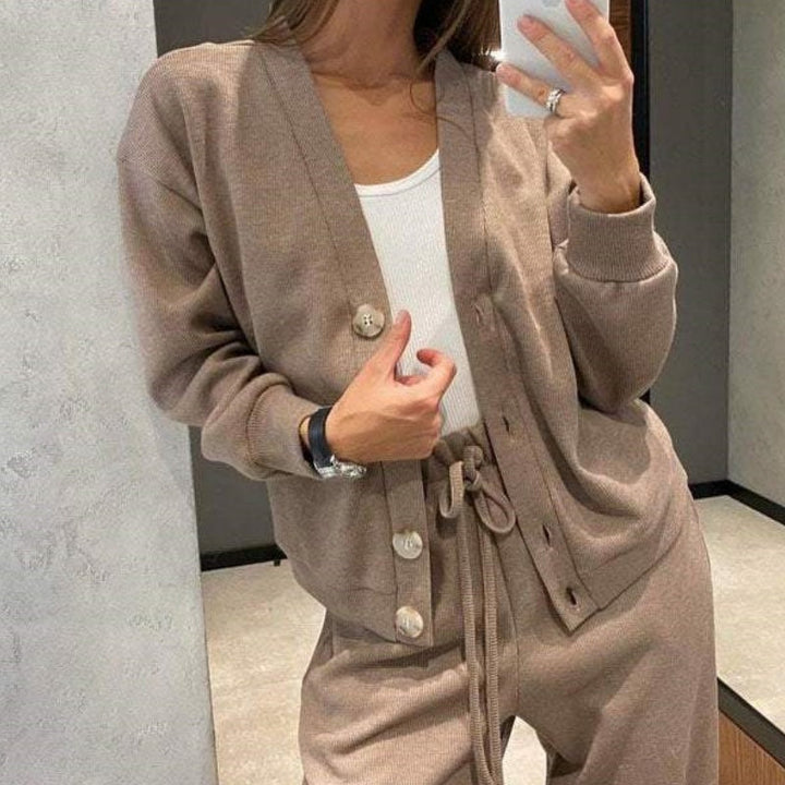 Women's knitted V-neck cardigan and relaxed trousers two-piece set