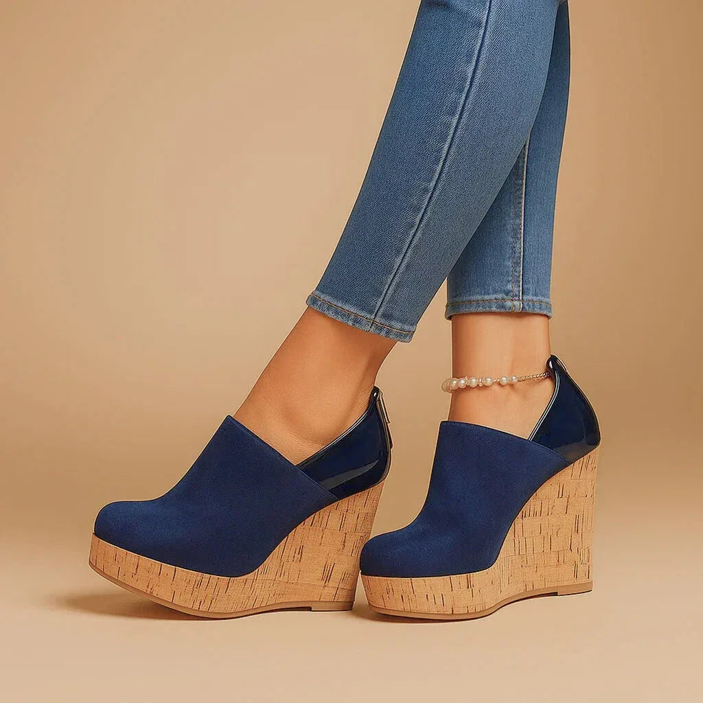 Women's platform wedge ankle booties with textured cork-look soles