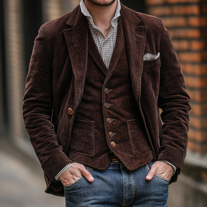 Men's textured blazer layered over a buttoned waistcoat with notched lapels