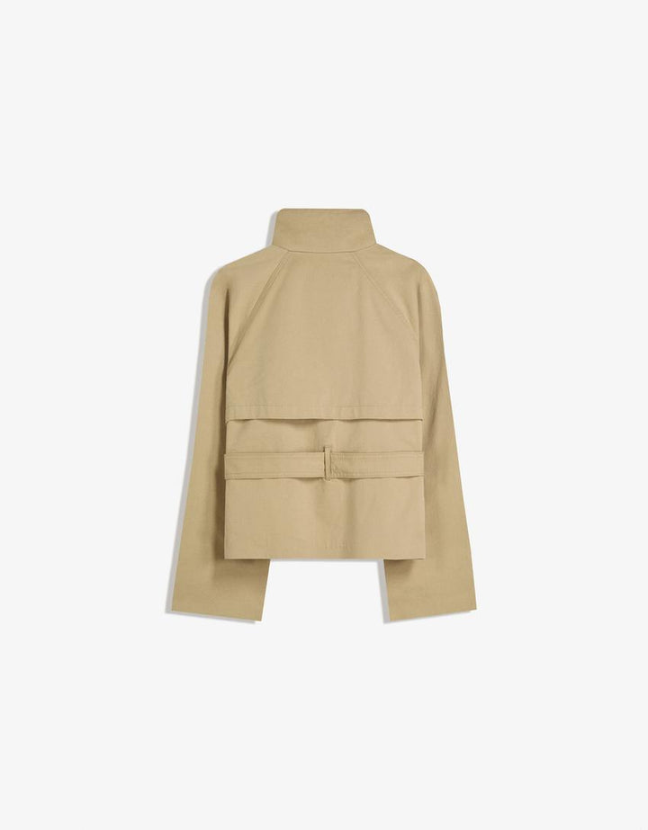 Women's short trench jacket with high collar, buttons, belt and shoulder tabs