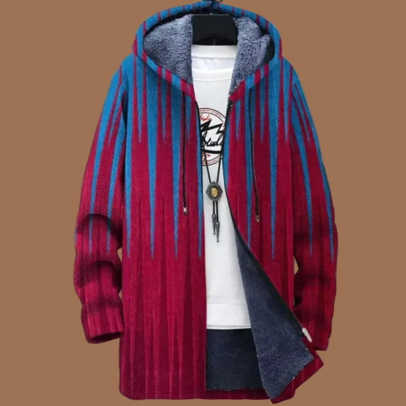 Men's hooded abstract print zip-up jacket with long sleeves