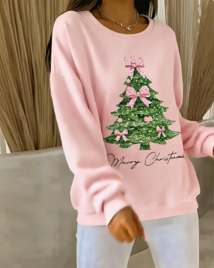 Women's long-sleeve Christmas sweatshirt with a Christmas tree and bow graphic