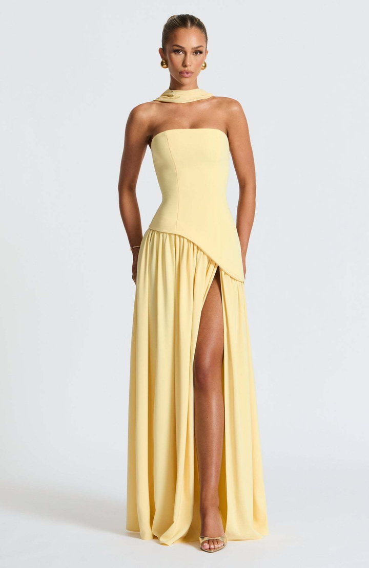Women's strapless maxi dress with choker neckline and asymmetrical high slit