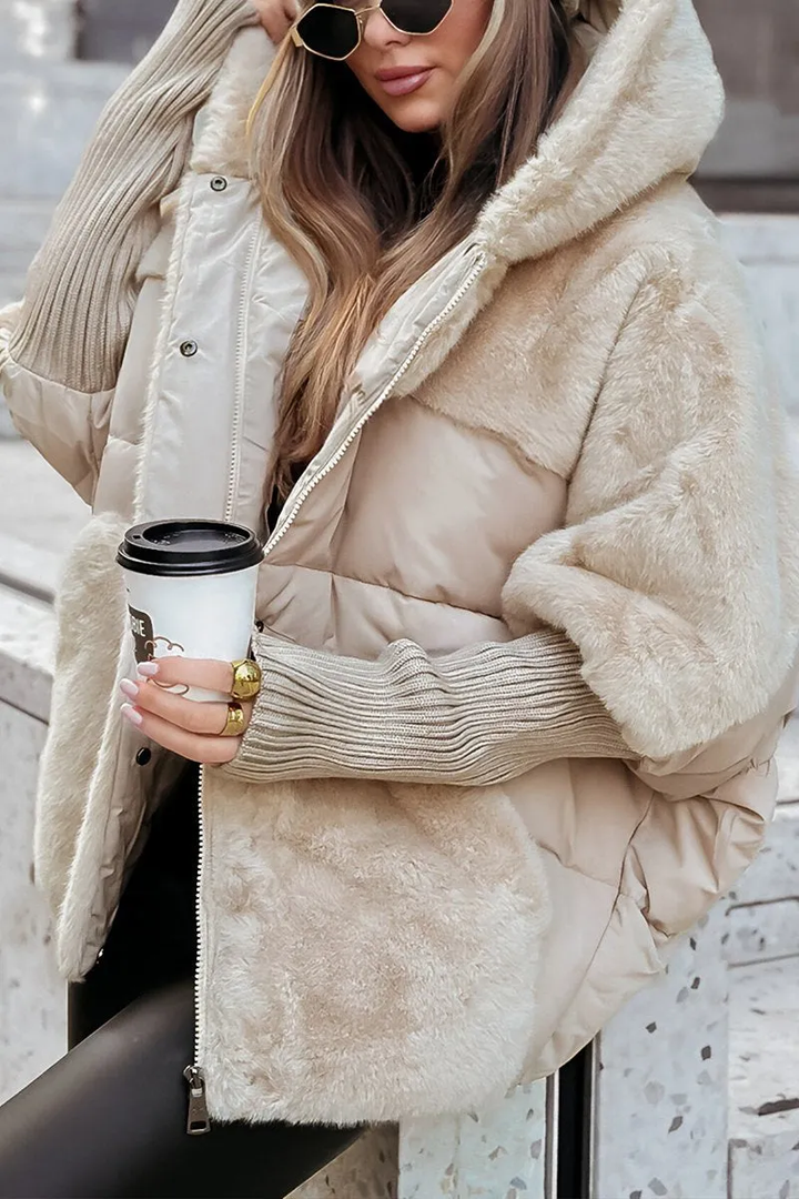 Women's hooded padded jacket with faux fur trim