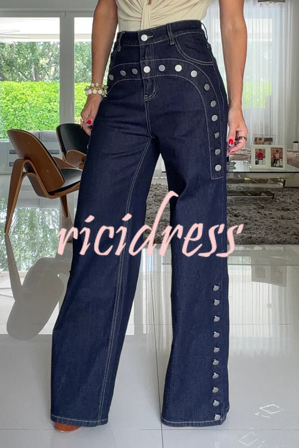 Women's navy high-rise wide leg jeans with silver-tone button details
