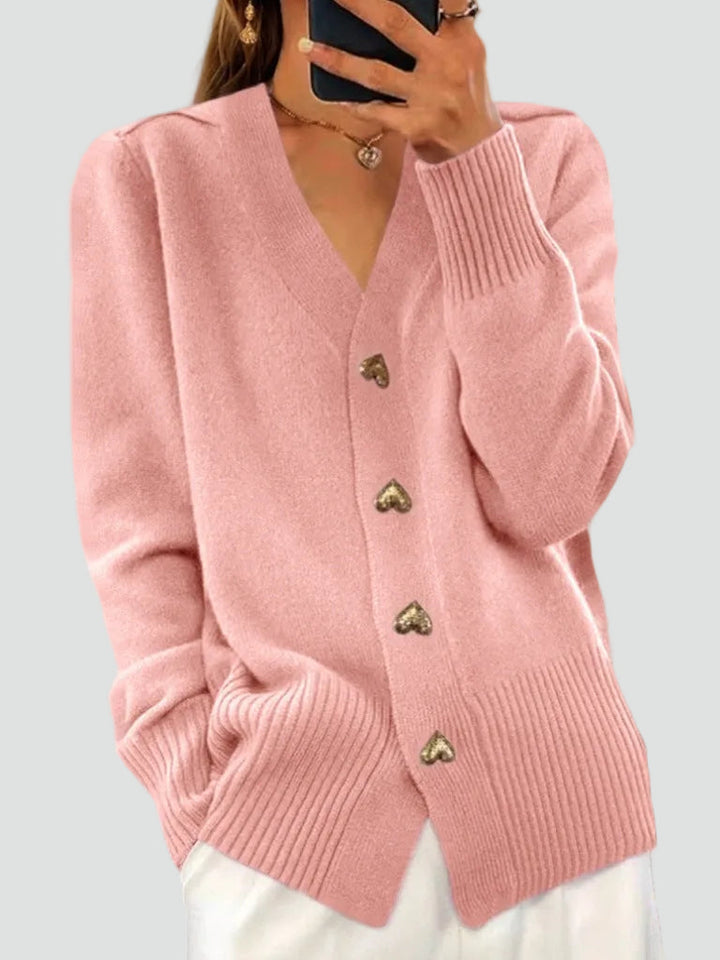 Women's V-neck knitted cardigan with heart-shaped buttons and ribbed trims