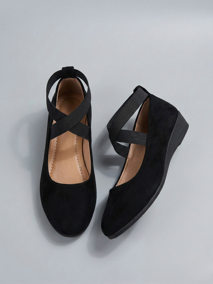 Women's Black Platform Wedge, Cross-Strap